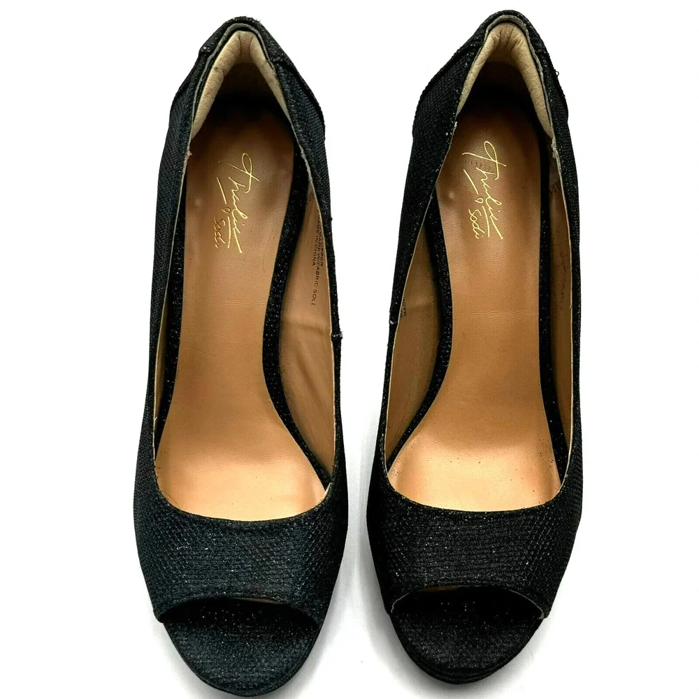 THALIA‎ SODI Women's 8.5 Lenna Black Beaded High Heels Pumps Peep Toe Vegan Glam